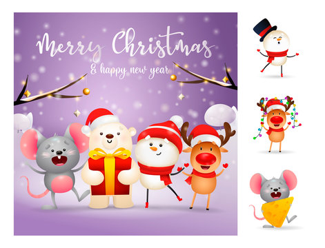 Merry Christmas greeting card with funny cartoon characters. Lettering with decorations can be used for invitation and greeting card. Holiday concept