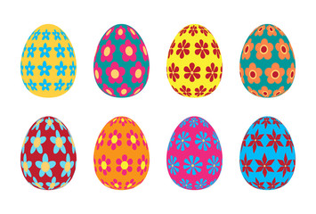Happy Easter collection. Set of surround realistic colorful Easter eggs with  flowers ornament. Isolated on white background. 3d vector Illustration. For spring holiday greeting card, poster, flyer