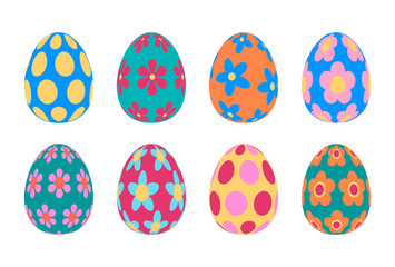 Happy Easter collection. Surround realistic colorful Easter eggs set with  flowers ornament. Isolated on white background. 3d vector Illustration. For spring holiday greeting card, poster, flyer