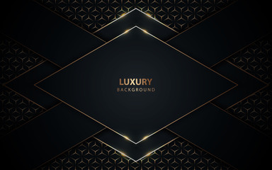 Abstract dark overlapping layers background a combination with golden texture line decoration. Luxury and premium concept vector design template for element modern cover, banner, card