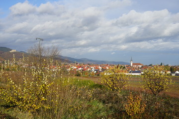 Naklejka premium Idyllischer Blick bei Sonnenschein auf den Weinort Maikammer in der Pfalz