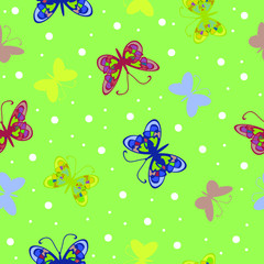 Seamless vector pattern with colorful butterfly's on green background.  Summer repeat wallpaper design.