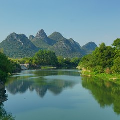 The view of karst landscape in the village of  Lijiang  in Guilin, China.