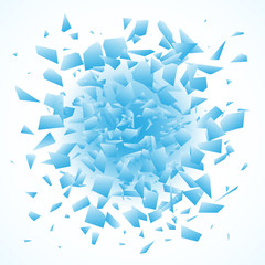 Abstract background with explosion effect. Dynamic flying fragments of broken glass shards. Vector illustration.