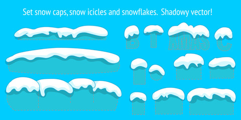 Fototapeta premium Snow caps collection, snow icicles, snowflakes. on text, font, home. oval, square, convex silhouette back. isolated. Smooth shadowy cartoon editable elements on winter. Clean Blue background. Vector