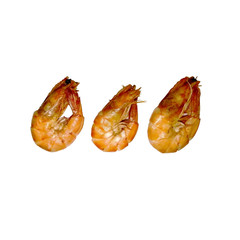 Three prawns on a white background