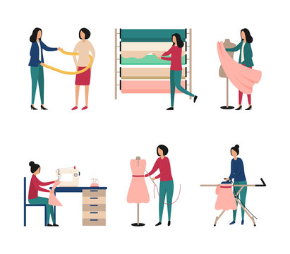 Seth Fashion Atelier. Work Of A Seamstress, Designer, Choice Of Fabric, Sewing Machine, Ironing, Customer Measurement In A Clothing Workshop. Flat Vector Illustration Isolated On White Background.