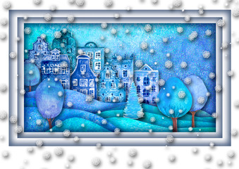 Happy new year and Merry christmas design. Watercolour hand drawn hills, houses, trees, snowflakes