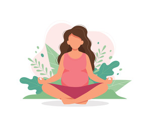 Obraz na płótnie Canvas Pregnant woman doing yoga with nature background. Cute vector illustration in flat style