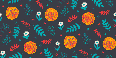 Intense teal and orange sophisticated artistic luxury floral seamless repeat vector pattern swatch. Romantic painterly gouache design for wedding invitations, anniversary, or surface pattern