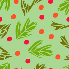 Seamless vector pattern with Christmas leaves and dots. Simple wrapping paper design.