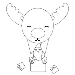 cute cartoon christmas black and white vector with Santa Claus flying in a reindeer hot air balloon illustration for coloring art