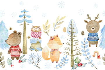 Cotton fabric Watercolor forest border.