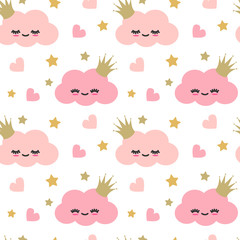 Obraz na płótnie Canvas cute lovely cartoon pink clouds with gold crown seamless vector pattern background illustration with hearts and gold stars