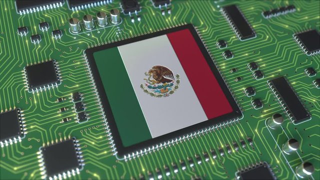 National flag of Mexico on the operating chipset. Mexican information technology or hardware development related conceptual 3D animation