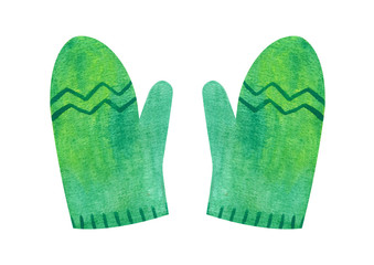Pair of green watercolor gloves isolated on a white background. Hand drawn mittens. Illustration of winter clothes