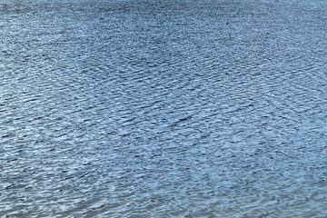 Blue water surface covered with small waves. Lake or river, with iridescent shiny surface. Contrast...