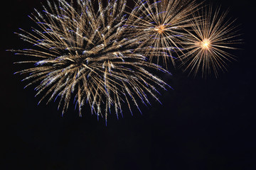 Fototapeta premium Veriety colorful fireworks on the night sky background. Salute with yellow flashes. holiday and fun concept