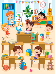 Little Children Studying And Playing At Preschool Classroom