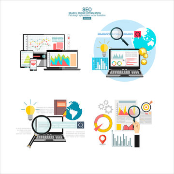Set of flat design vector illustration concepts for search engine optimization and web analytics elements. Mobile app.