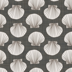 Seashells on linen fabric texture background. Seamless repeat vector pattern swatch. Great for vacation or holiday travel graphics.