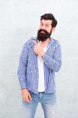 Look here. Man bearded hipster stylish beard. Barber tips maintain beard. Barbershop model concept....