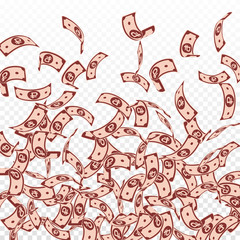 Russian ruble notes falling. Floating RUB bills on