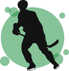 Ice hockey player flat vector illustration. Adult young man in uniform holding hockey stick cartoon character. Professional sportsman, team member in protective gear. Winter actives, silhouette