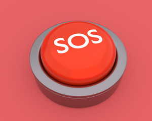 Red metall SOS button isolated on red bacgrjund. 3D rendering. 