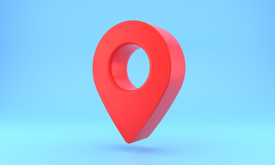 Red map pointer 3d. Location symbol isolated on blue background. Web location point. 3D rendering. 