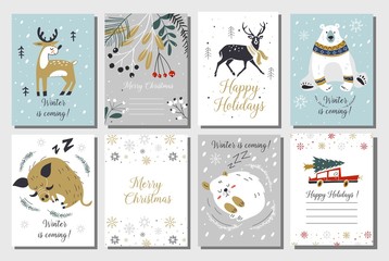 Merry Christmas and Happy New Year vector greeting cards set with cute animals. Hand drawn card set.Gift tags set, hand drawn style. Template Set for Greeting Scrapbooking, Invitations, Stickers.