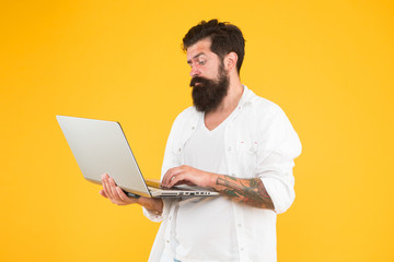 concentrated hipster use notebook. Bearded man laptop yellow wall. shopping online. Successful developer. education in digital world. Programming brutal man surfing internet. concentrated on work