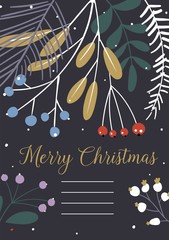 Vector Floral Christmas Invitations. Happy New Year template. Xmas card, poster, banner happy season design Concept backdrop Holiday vector illustration. Trendy retro style. Vector design element.