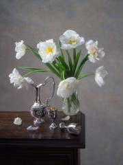 Still life with white tulips