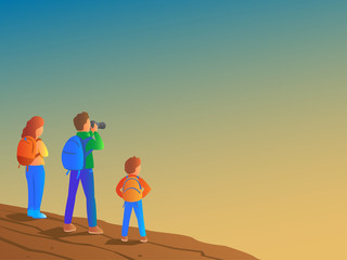 Family tourists with backpacks stand on the edge of a cliff and admire the beauty of nature. Father is taking pictures with a camera, mother and son are nearby. Vector illustration.