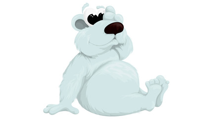 Funny white bear sits and holds his hand over his face. Vector illustration in cartoon style on white background
