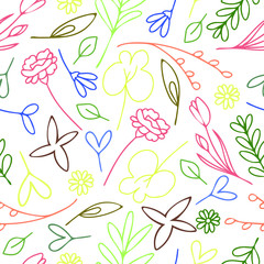 Random busy colorful vector pattern. Abstract print with outline flowers and leaves.. Elegant beautiful nature ornament for fabric, wrapping and textile. Scrapbook black and white paper.