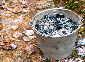 Bucket filled with wood ash from the oven