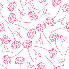 Simple pink vector flower pattern. Seamless floral pattern outlined harts. Perfect background for wedding or party invitation, summer or spring banner, card, poster, etc.