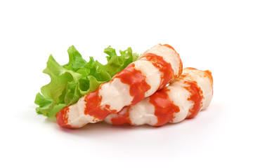 Fresh surimi shrimps, isolated on white background