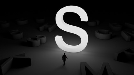 3D illustration of an illuminated letter S and a man standing in front of it