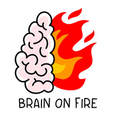 Vector creative illustration of pink human brain with red flame of fire on white background with text.