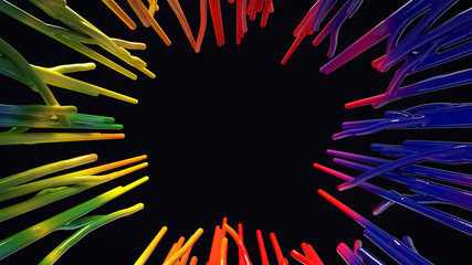 3d render thick colorful lines. Abstract composition with depth of field on black.