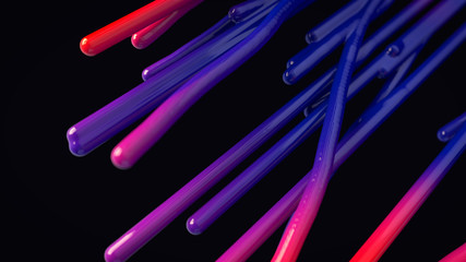 3d render thick colorful lines. Abstract composition with depth of field on black.