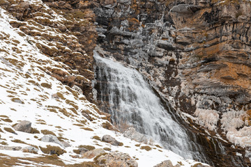 Ordesa National Valley in snowy autumn, located in Pyrenees Spain