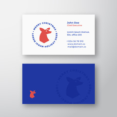 Christmas Abstract Vector Reindeer Label, Sign or Logo and Business Card Template. Deer Illustration with Typography Circle Text. Premium Stationary Realistic Mock Up.