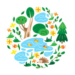 Wild animals in the forest. Summer. Children's illustration. Vector. Doodle style