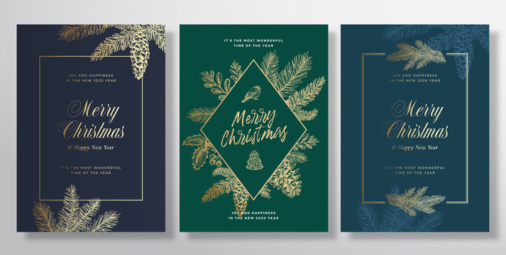 Christmas Abstract Vector Greeting Cards, Posters or Holiday Backgrounds Bundle. Classy Colors and Gold Gradients Set. Soft Shadows and Sketch Fir-needles Pine Twigs with Strobile.