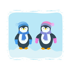 Vector illustration of two baby penguins in winter season, wearing a cap, a scarf and mittens, staying in a snowdrift. Happy New Year. Winter card. New Year card. Print design. Winter character.