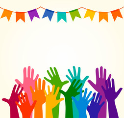 Colorful up hands. Vector illustration, an association, unity, partners, company, friendship, friends background Volunteers celebration birthday celebration, dancing, disco dance joy fun corporate